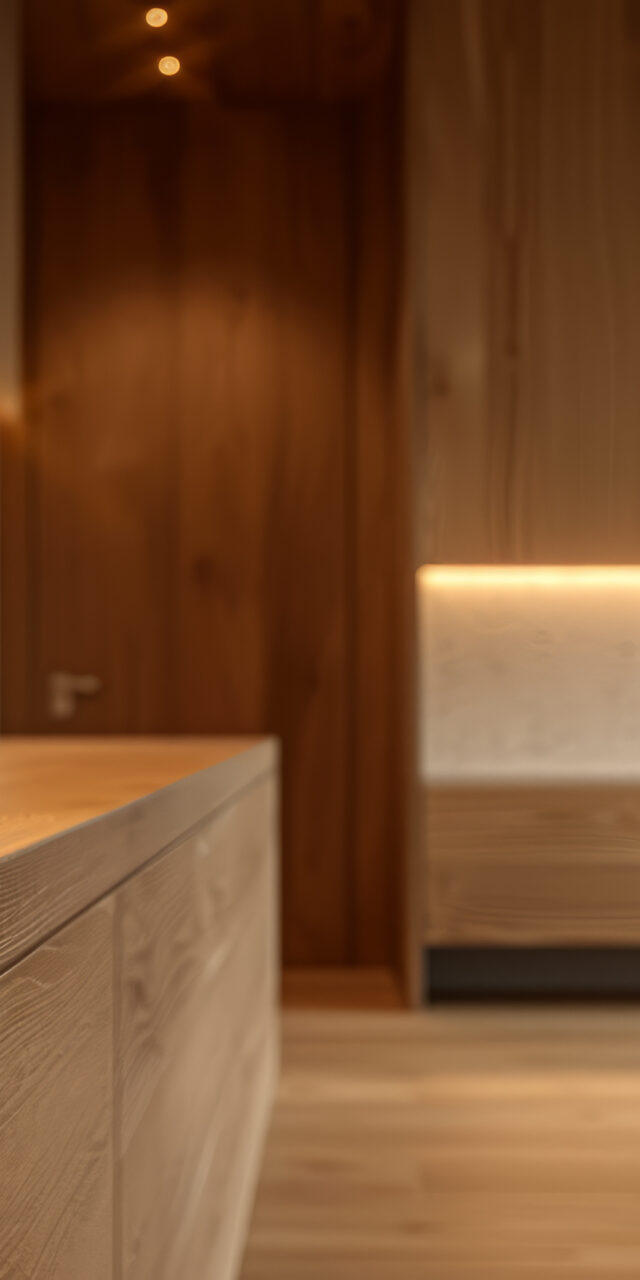 Modern kitchen with wooden cabinets and ambient lighting.